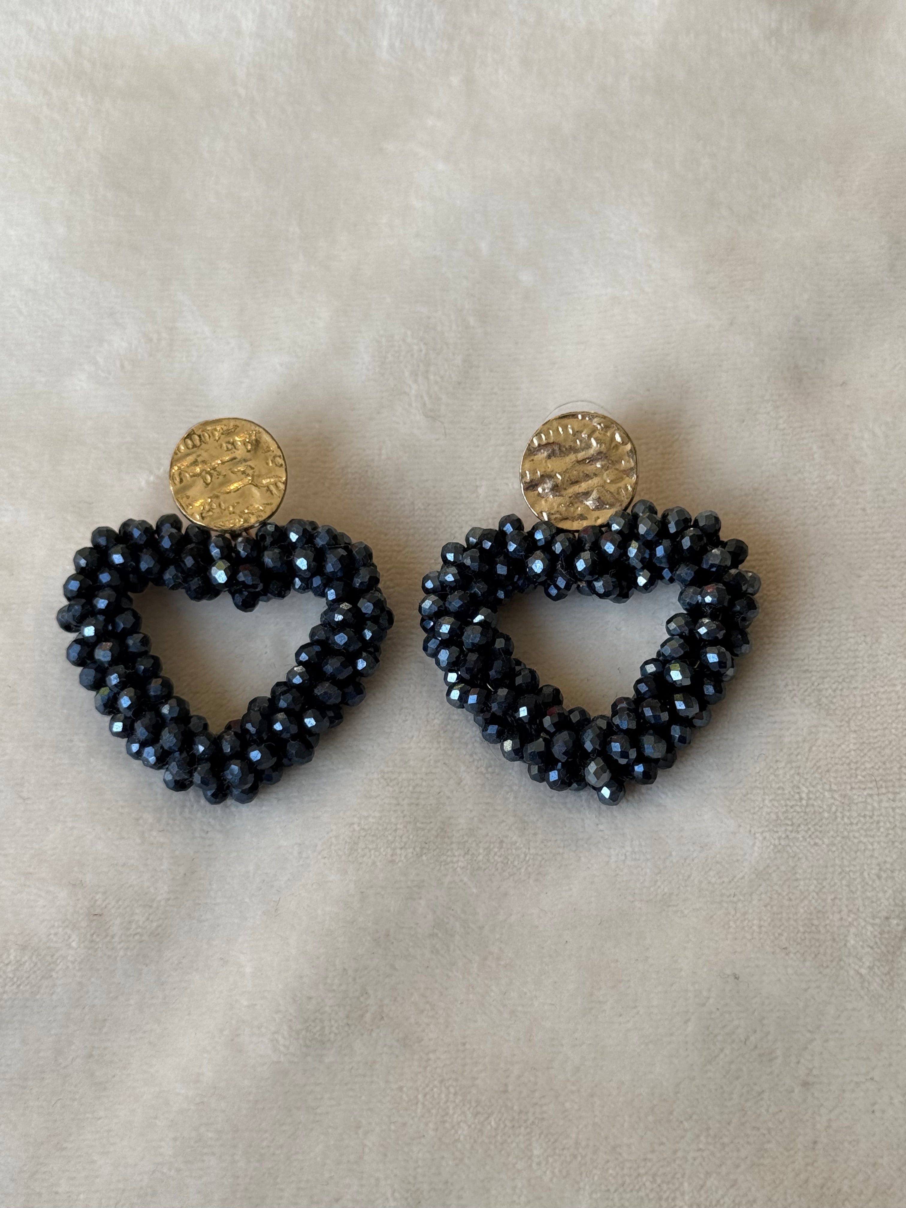 Oorbellen goud/blauw harten