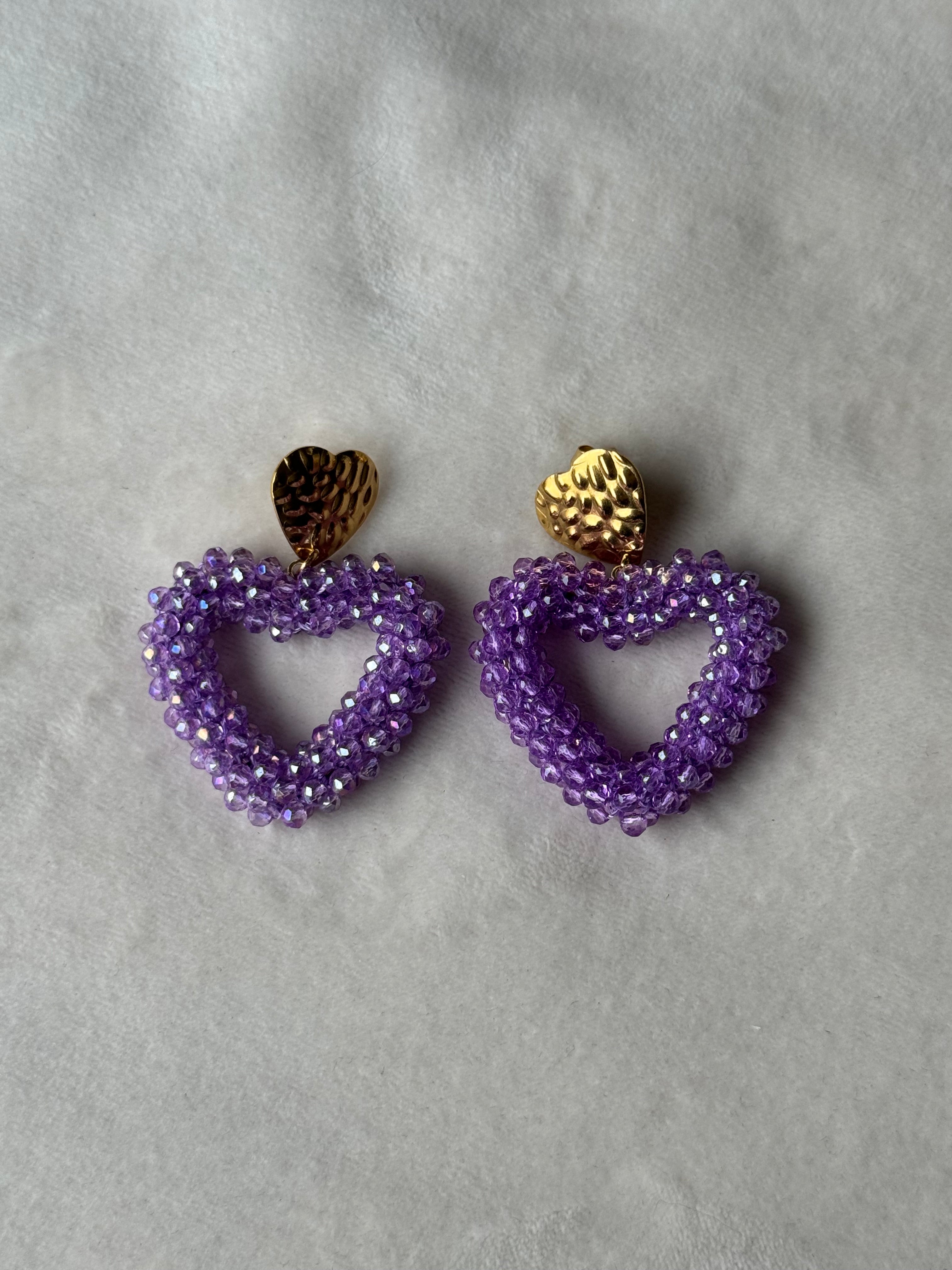 Oorbellen goud/paars harten