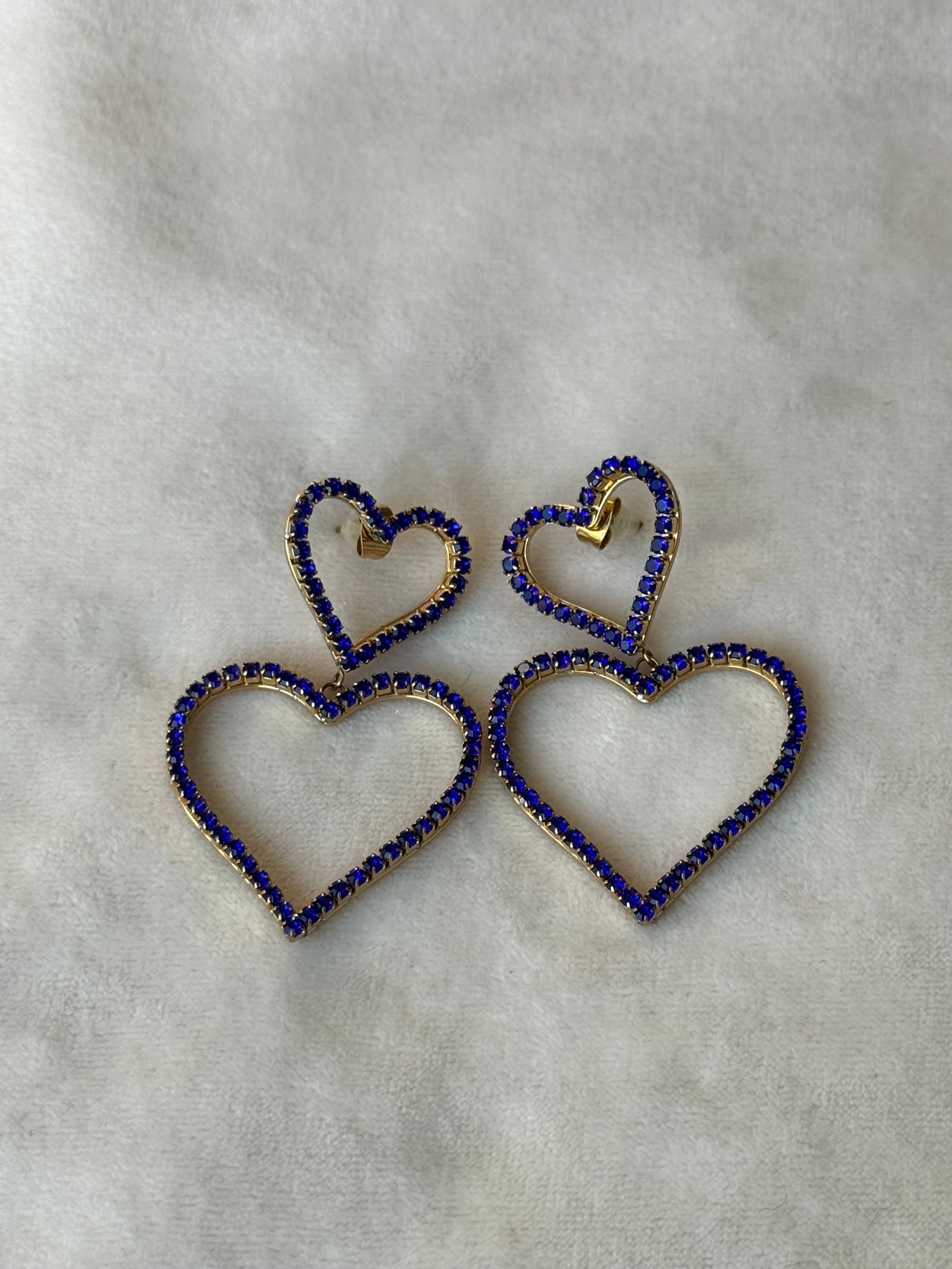 Oorbellen goud/blauw hartjes